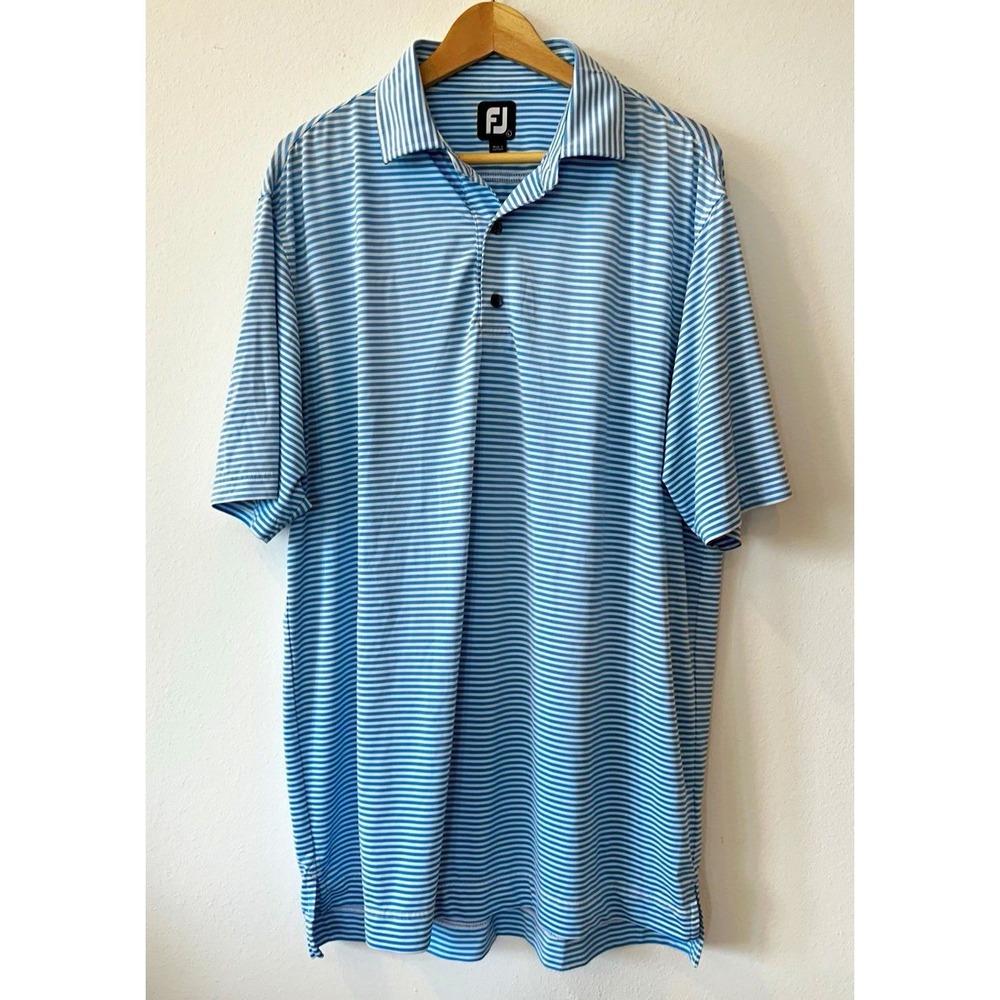 FootJoy Mens Golf Polo Shirt Blue White Striped Logo Stretch Short Sleeve L - Picture 2 of 5